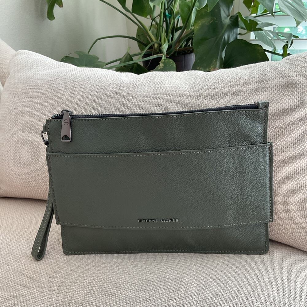 Etienne Aigner Leather Wristlet Clutch Sage Green Zip Pouch 11x 8 Madison Style